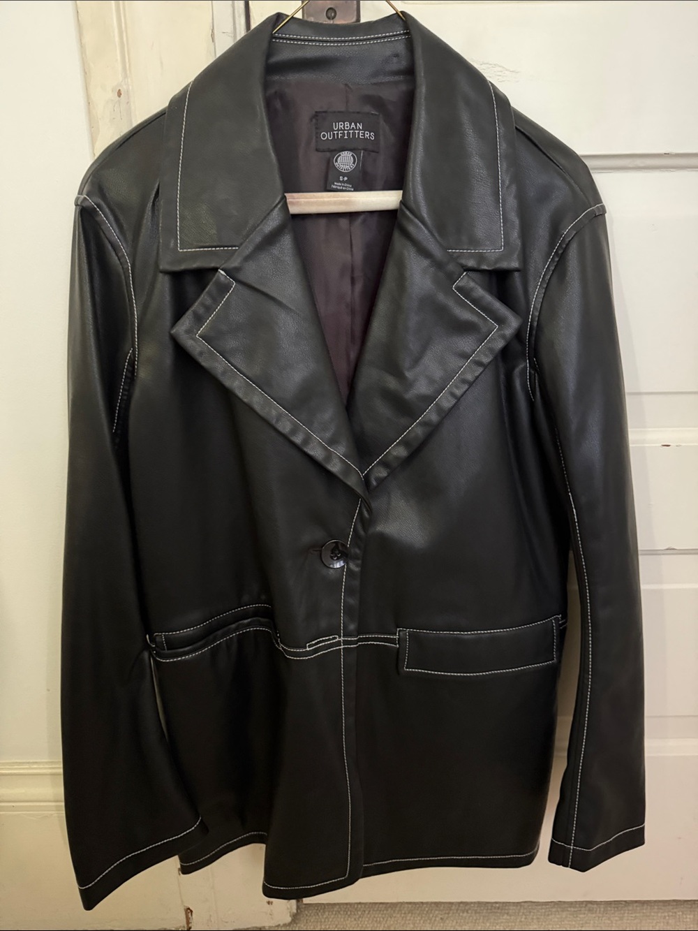 Urban Outfitters Black Faux Leather Button-Front Jacket with Contrast Stitching